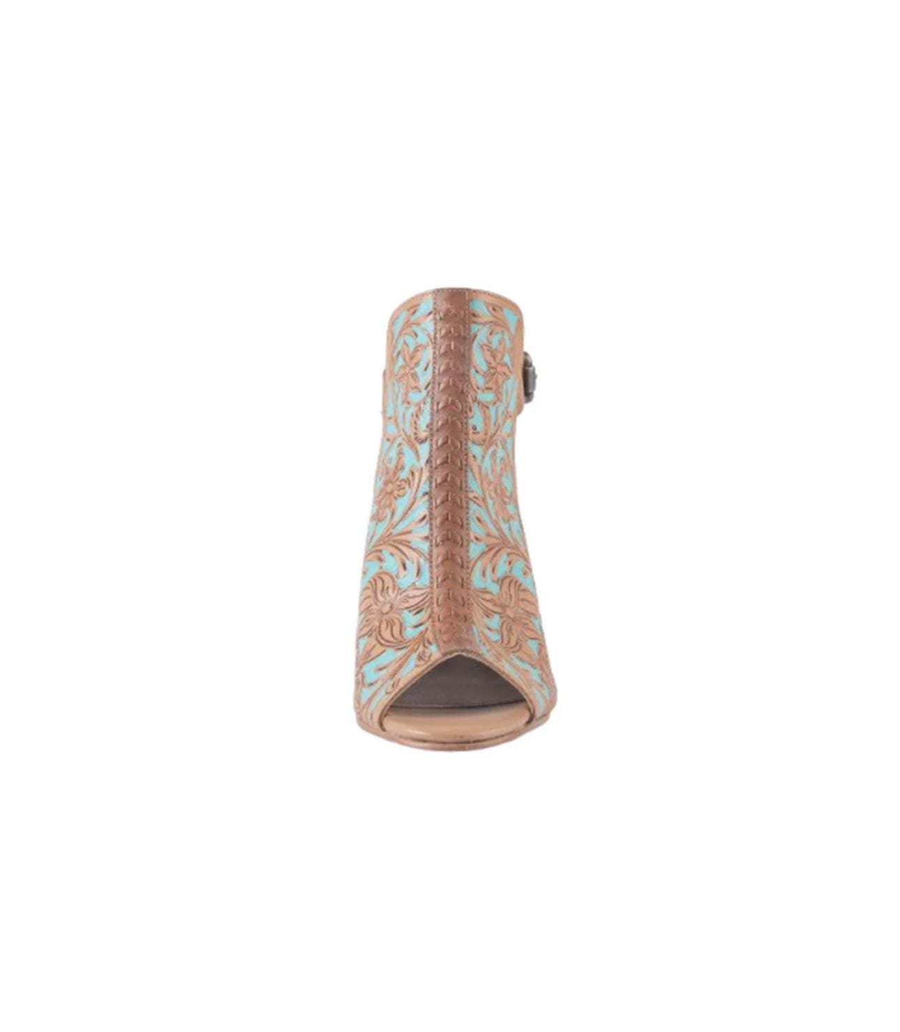 Turquoise Tooled Leather Wedge Sandals: Western Dress Shoes