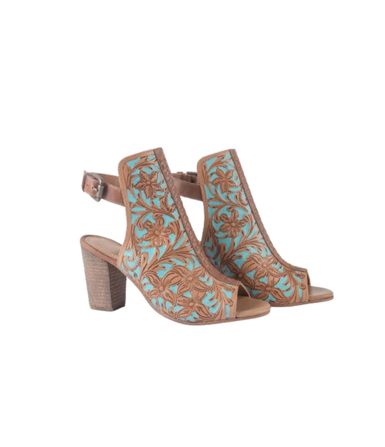 Turquoise Tooled Leather Wedge Sandals: Western Dress Shoes