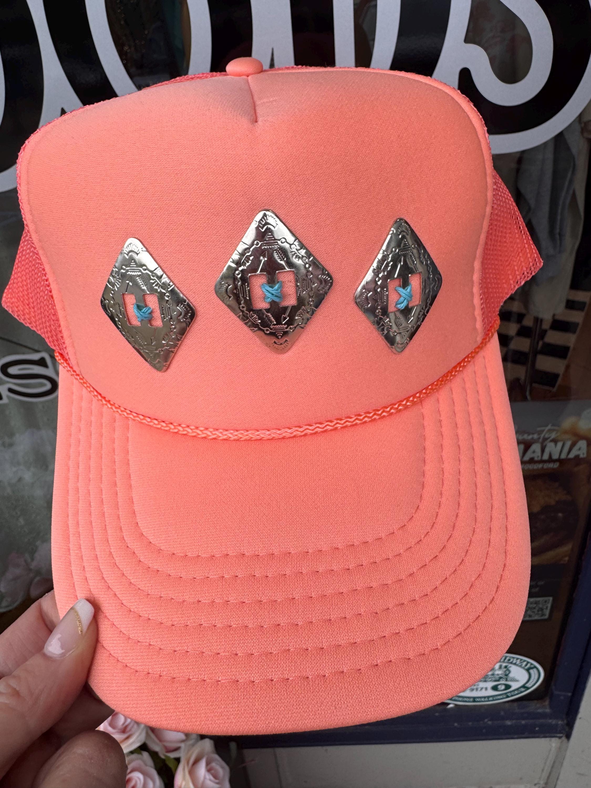 Coral Western Concho Trucker Hat | Hand Sewn Turquoise Stitch Cowgirl Hat