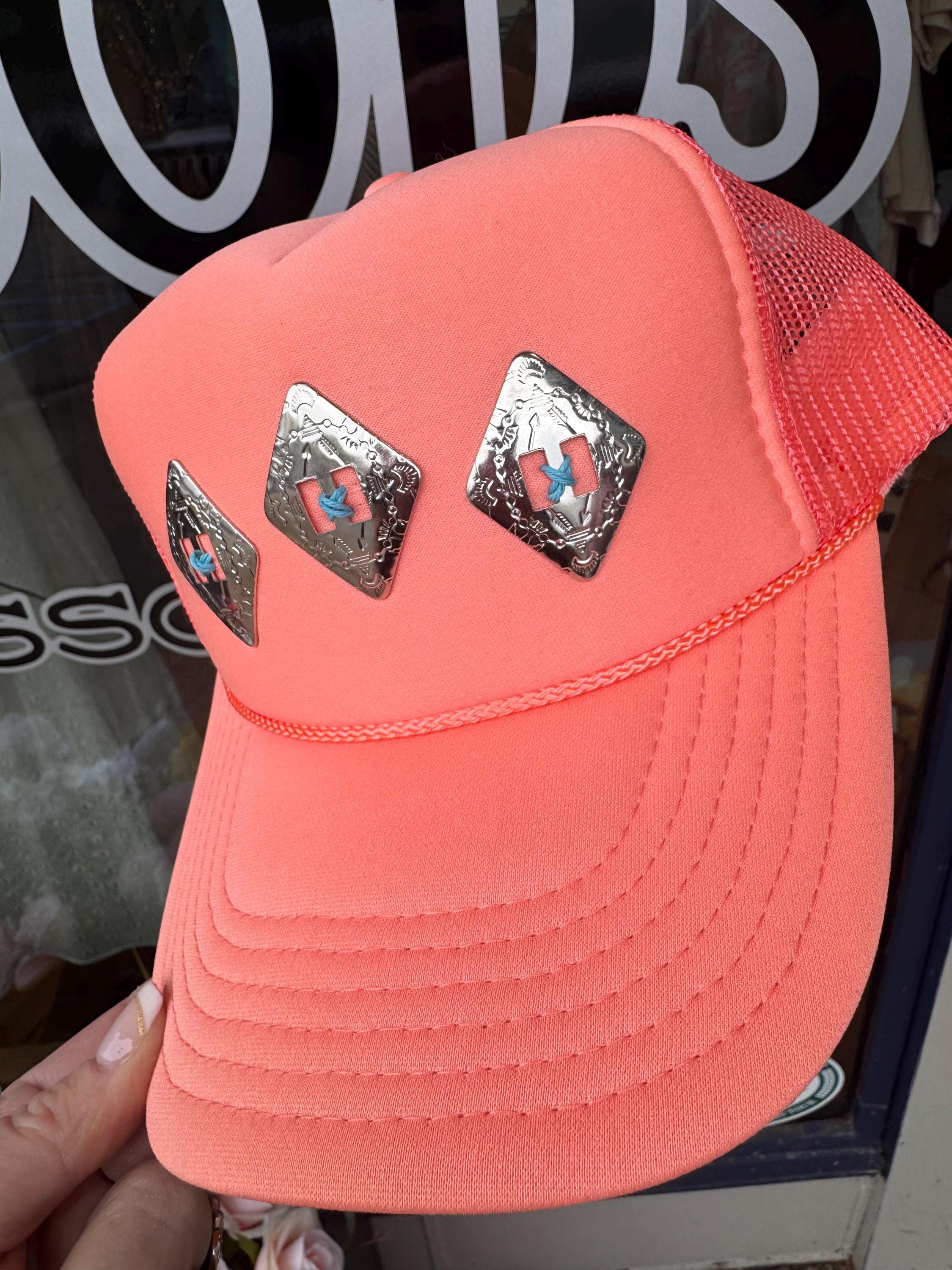 Coral Western Concho Trucker Hat | Hand Sewn Turquoise Stitch Cowgirl Hat