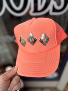 Coral Western Concho Trucker Hat | Hand Sewn Turquoise Stitch Cowgirl Hat