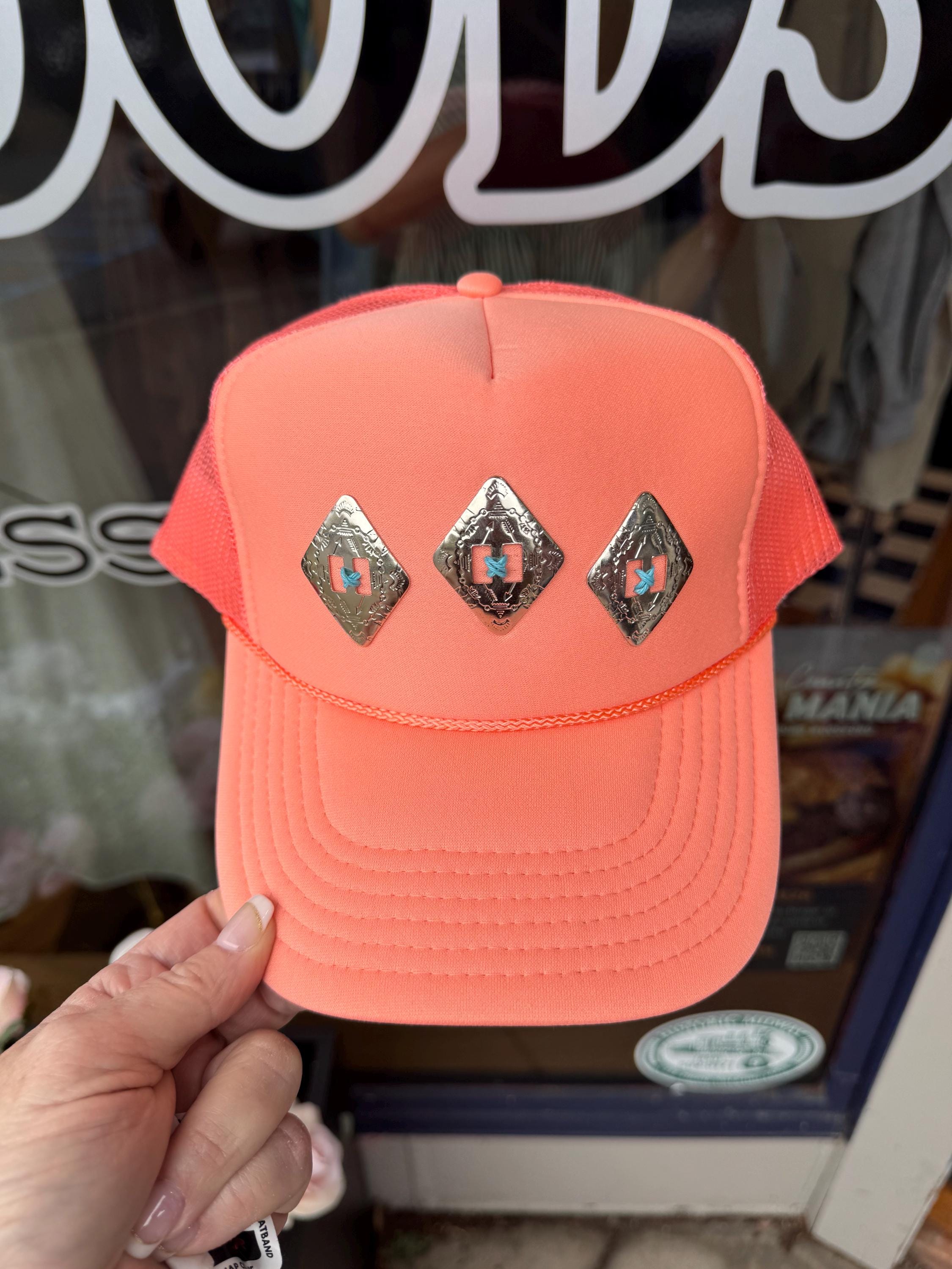 Coral Western Concho Trucker Hat | Hand Sewn Turquoise Stitch Cowgirl Hat
