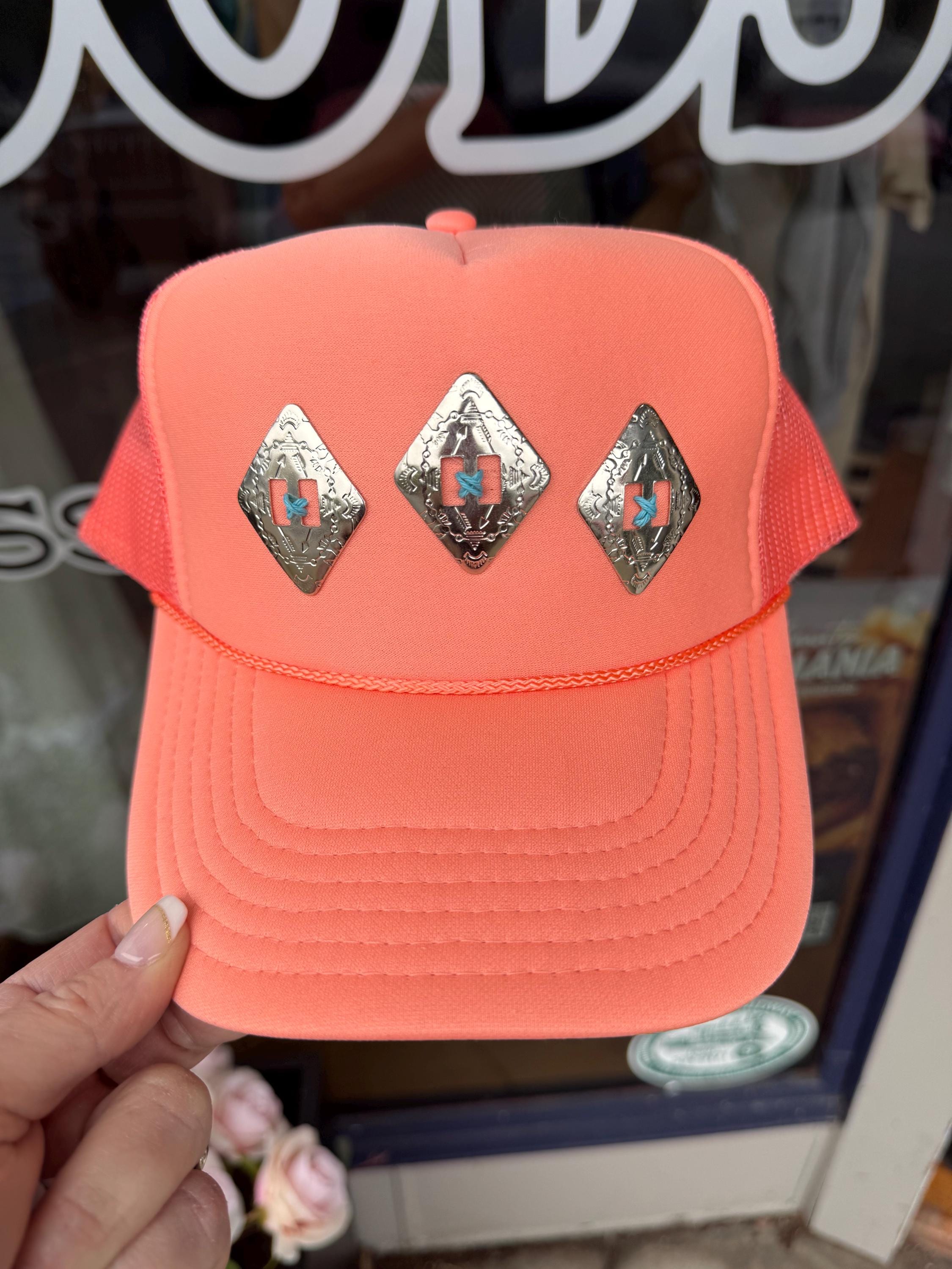 Coral Western Concho Trucker Hat | Hand Sewn Turquoise Stitch Cowgirl Hat