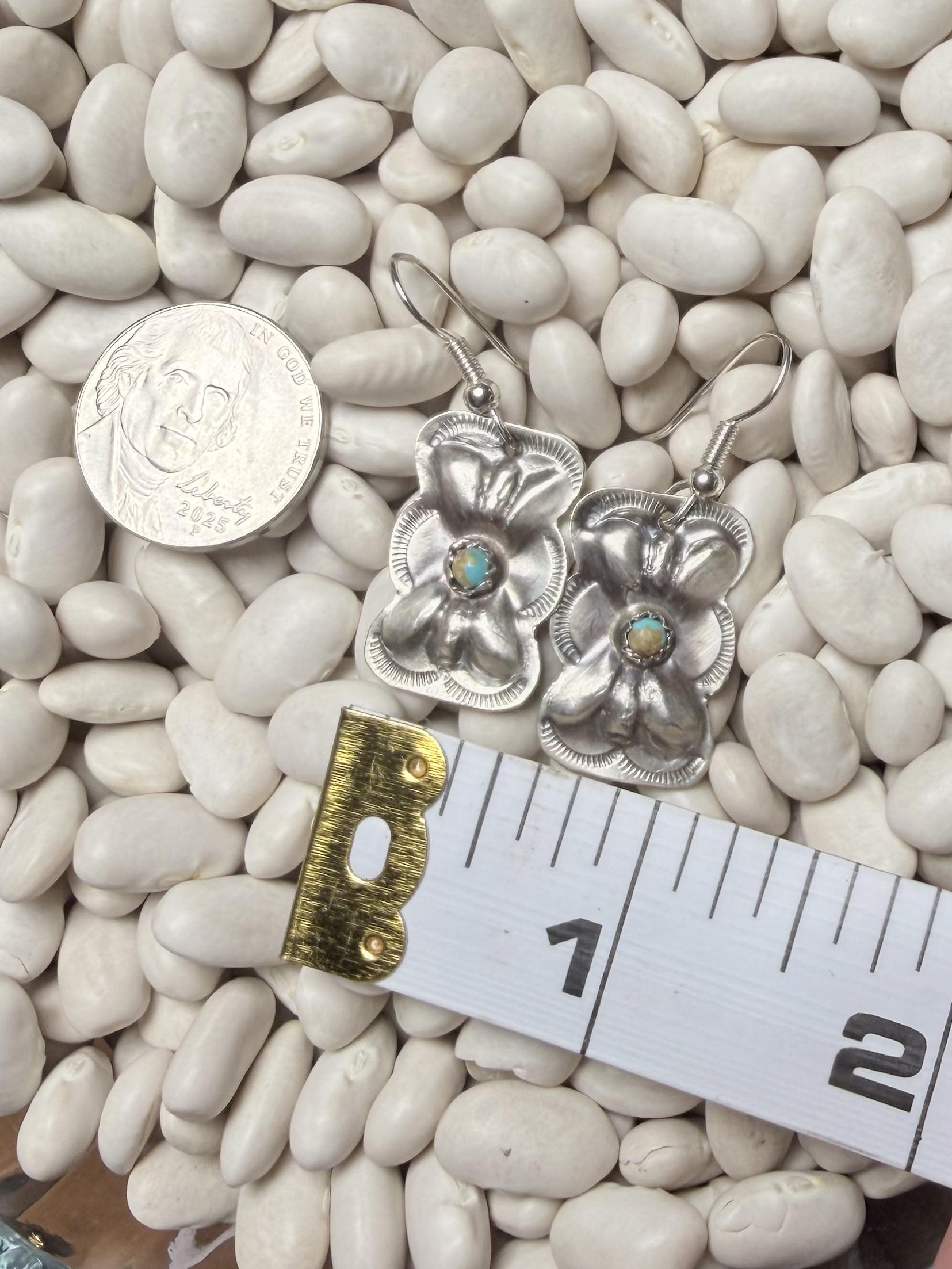 Joan Begay Navajo Handmade Sterling Silver & Kingman Turquoise Flower Earrings