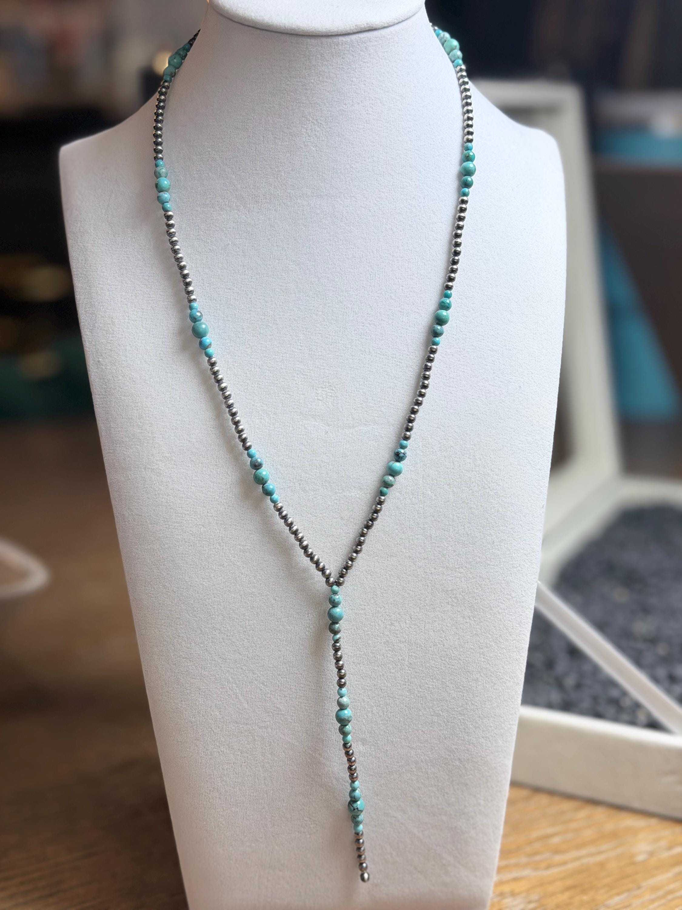 Sterling Silver & Sonoran Turquoise Graduated Pearl Lariat Necklace