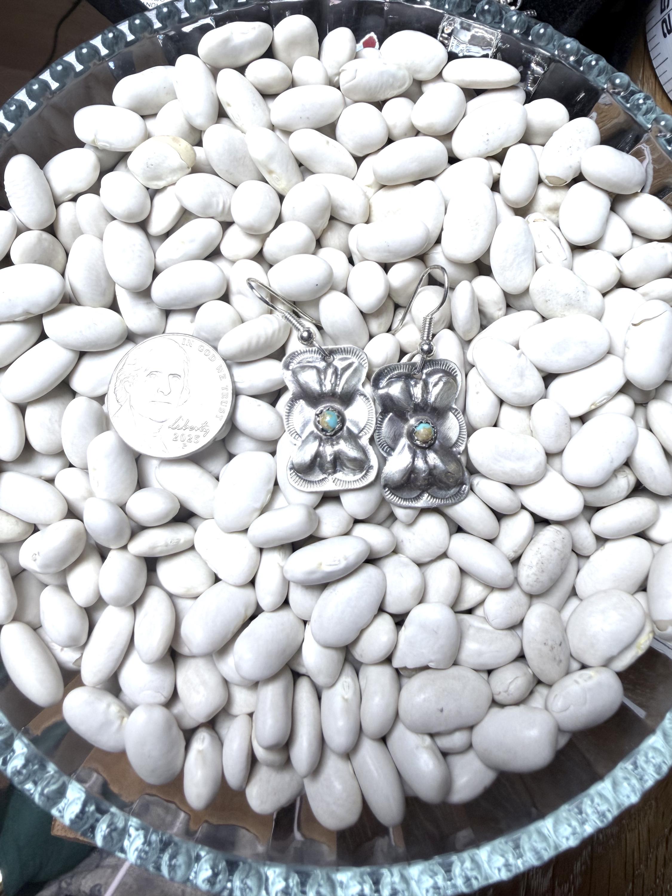 Joan Begay Navajo Handmade Sterling Silver & Kingman Turquoise Flower Earrings