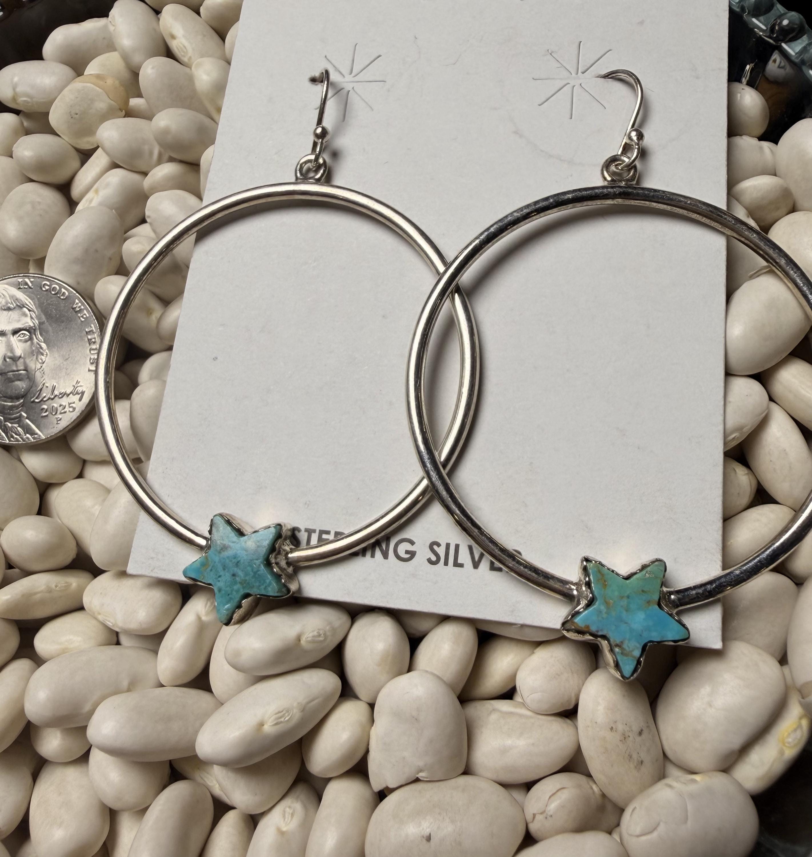 Sterling Silver Kingman Turquoise Star Hoop Earrings