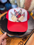 Red Plaid Antique Quilt Patch Trucker Hat | Hand Stitched