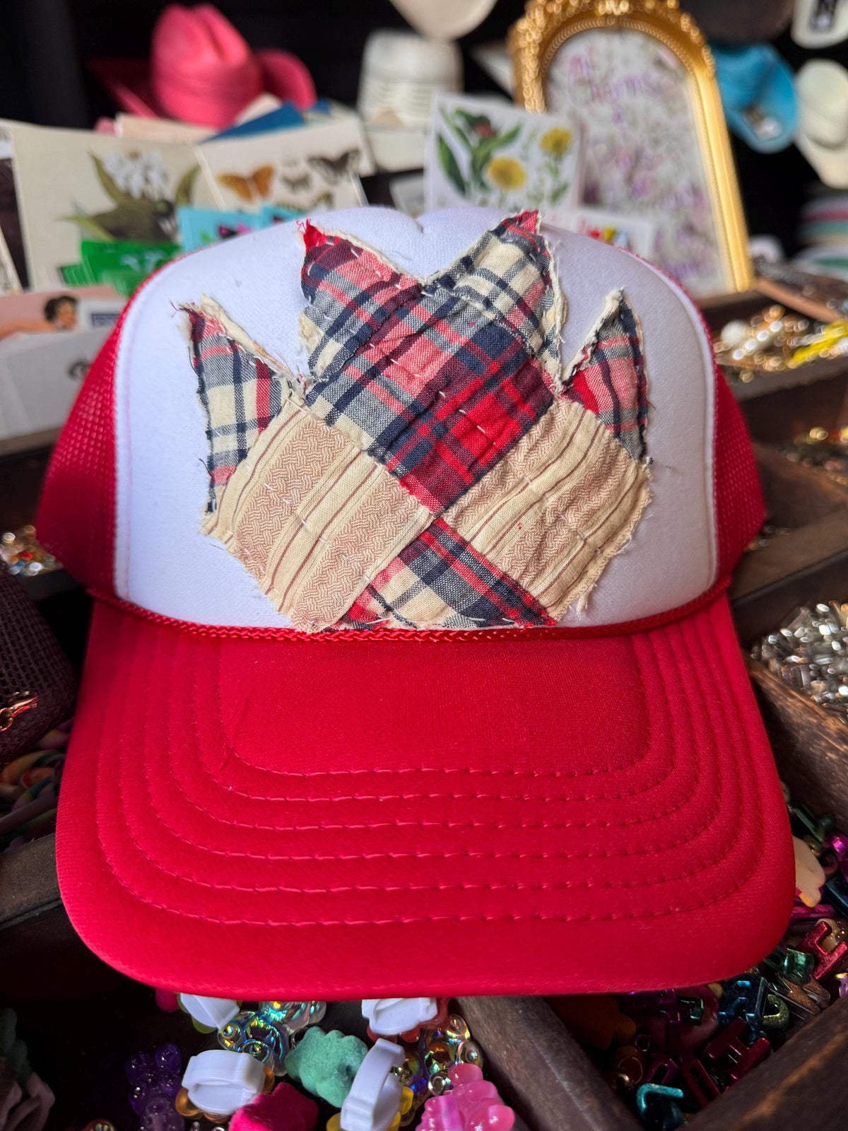 Red Plaid Antique Quilt Patch Trucker Hat | Hand Stitched