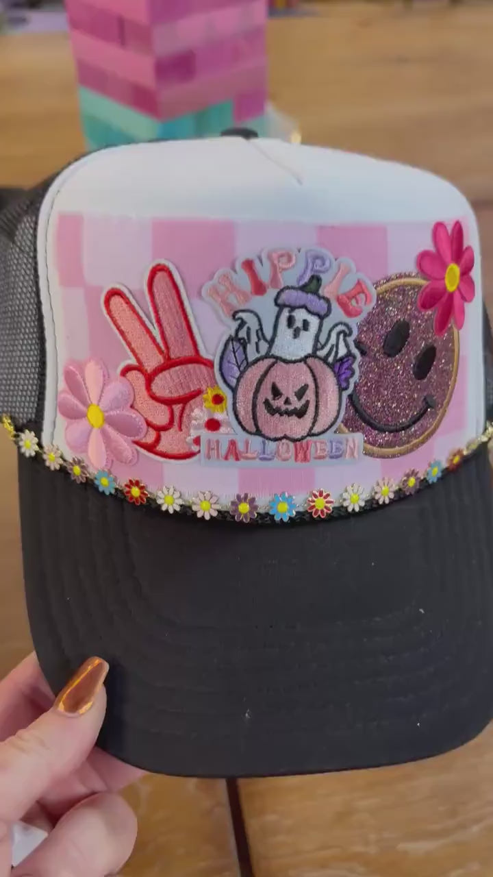 Hippie Halloween Trucker Hat | Retro Ghost Pumpkin Hat | Groovy Fall Vibes | Daisy Trim Trucker | Peace Love Spooky Season Hat