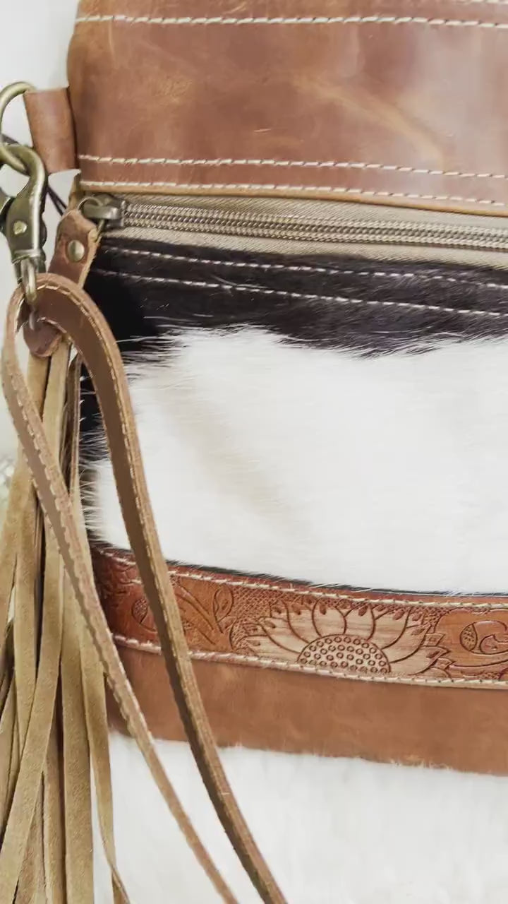 Custom Branded Cowhide & Tooled Leather Sunflowers Western style fringe Crossbody Purse we add your Initials Monogram name Farm or Cow Brand