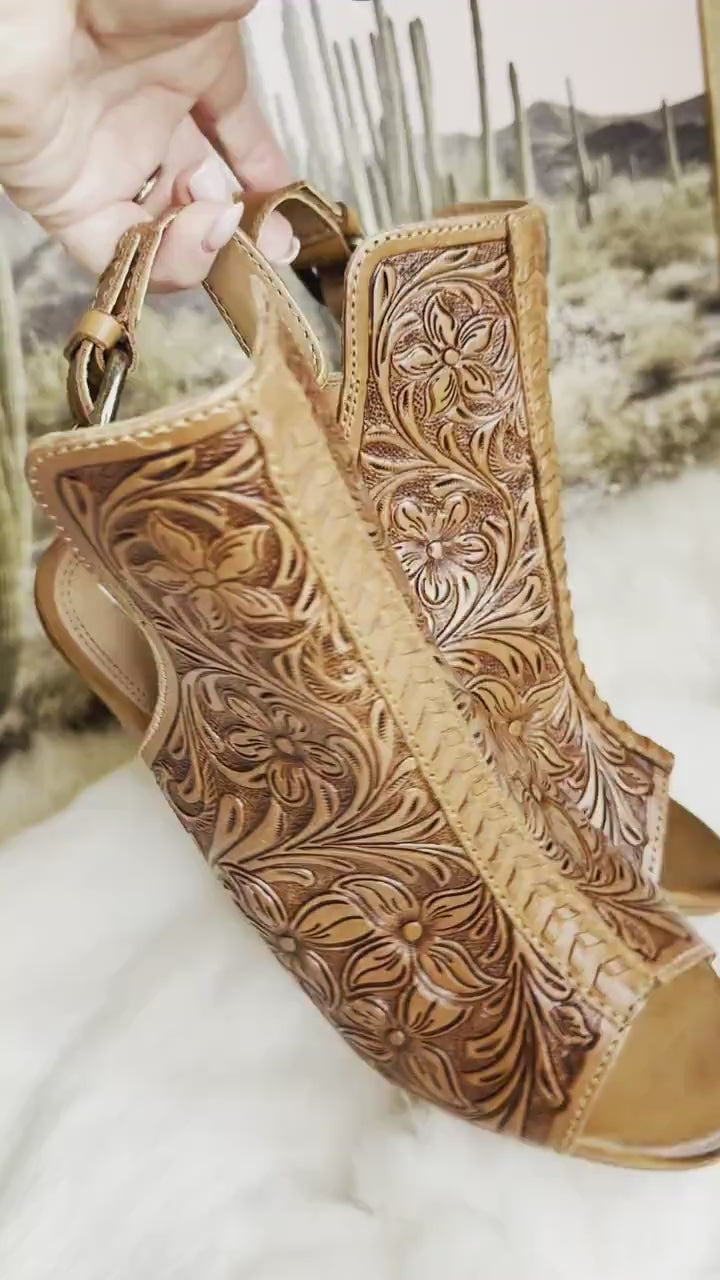 Tooled Leather Heels Sandals, Dress Shoes, High Heels, Western sandals, Wedding, Prom Shoes