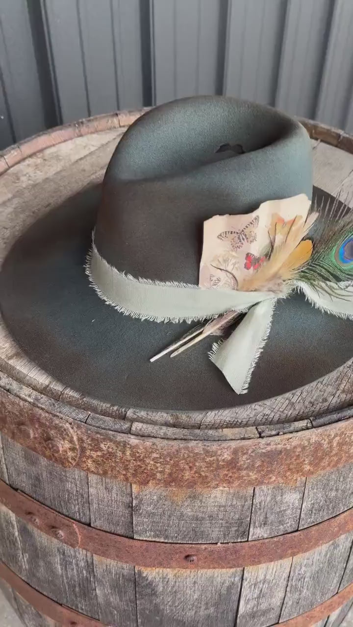 Deep Green Butterfly Decorated Hat, Cowgirl Hat, Burned Hat, Distressed Hat, Branded Hat, Boho