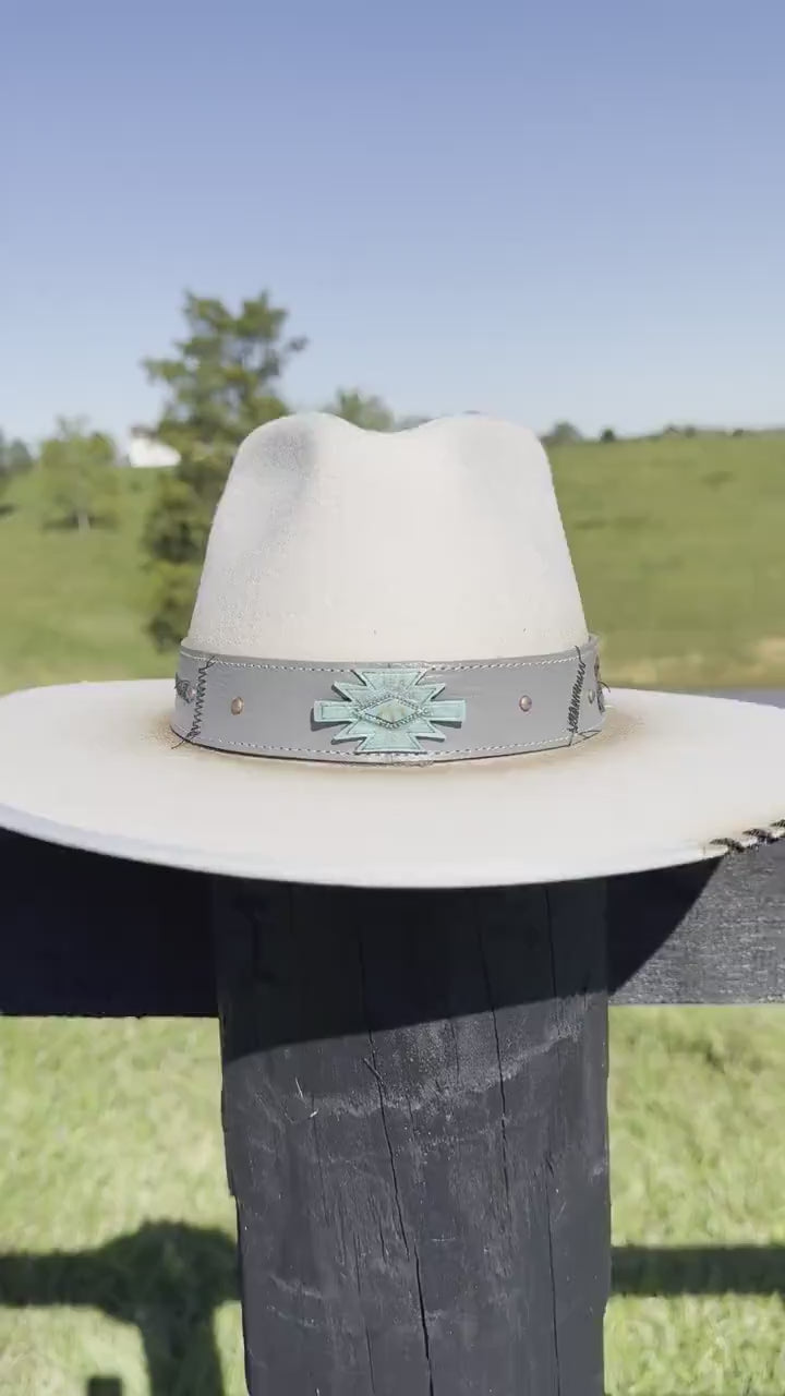 Western Fedora Style Premium Wool Hat in Silverbelly with leather & Turquoise Aztec Concho Cowgirl Hat