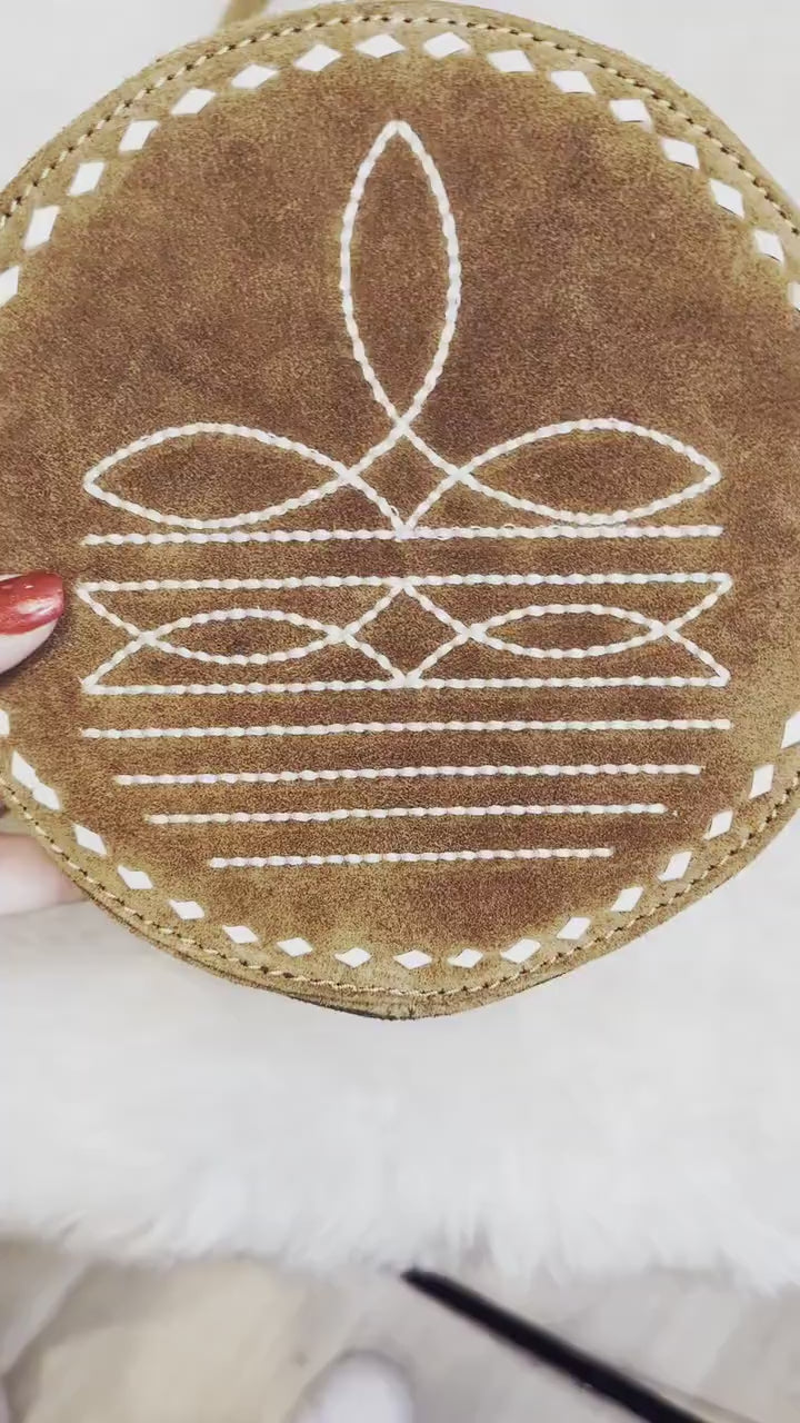 Brown Suede Boot Stitch Round Canteen Purse, Crossbody Purse, Shoulder Bag, Western Style, Personalized with Name Initials or Farm Brand