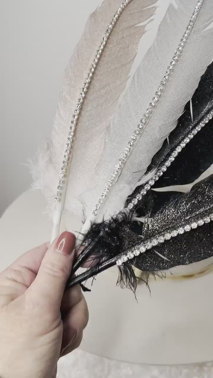 Hand Painted Rhinestone Glitter Black or White Hat Feather Accessory Cowgirl Hat Decoration Choose Gold, Rose Gold, or Silver Glitter