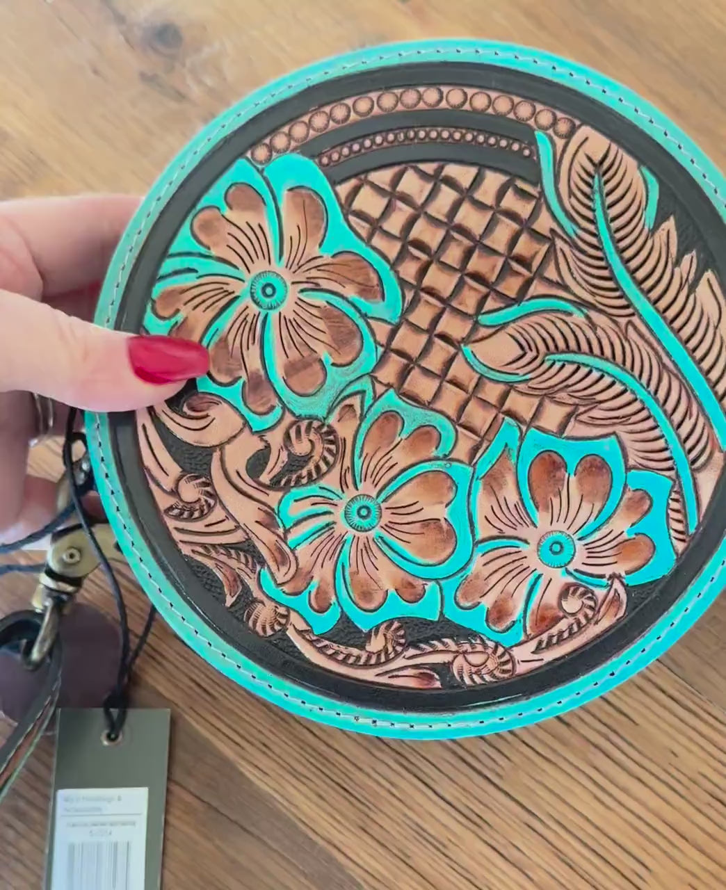 Turquoise tooled Leather Small Western Round Crossbody Canteen Purse Wallet Concert Purse, Rodeo, Sports event