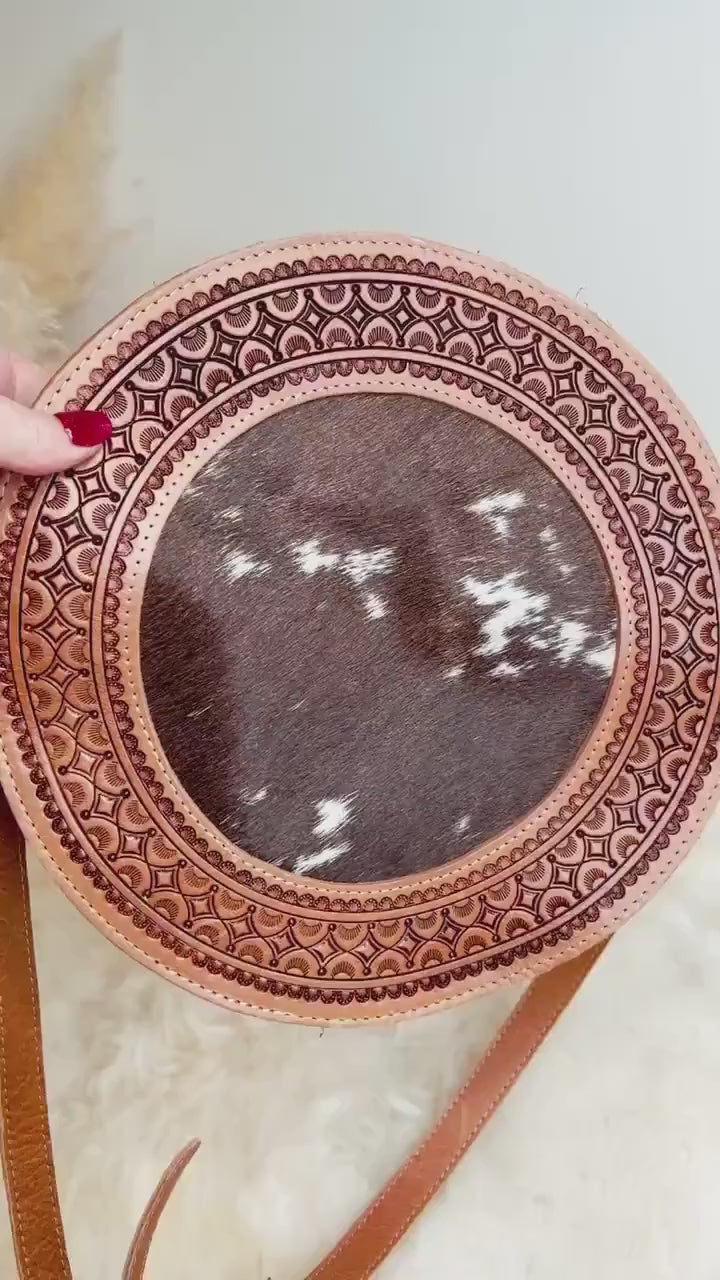Custom Branded Cowhide tooled Leather Western Round Crossbody Purse Initials Monogram Farm or Cow Brand