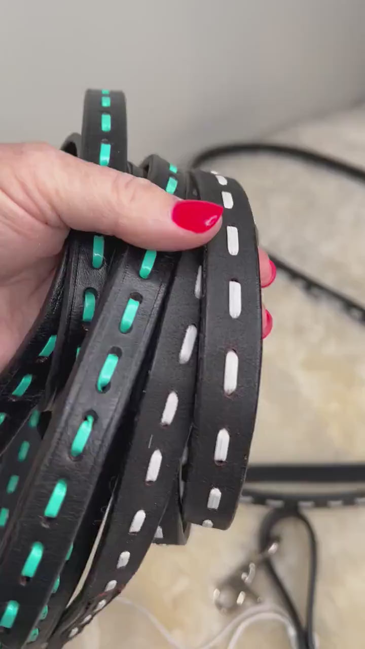 Leather Stitch Style continuous long Horse Reins Turquoise or White Stitch Horse Tack