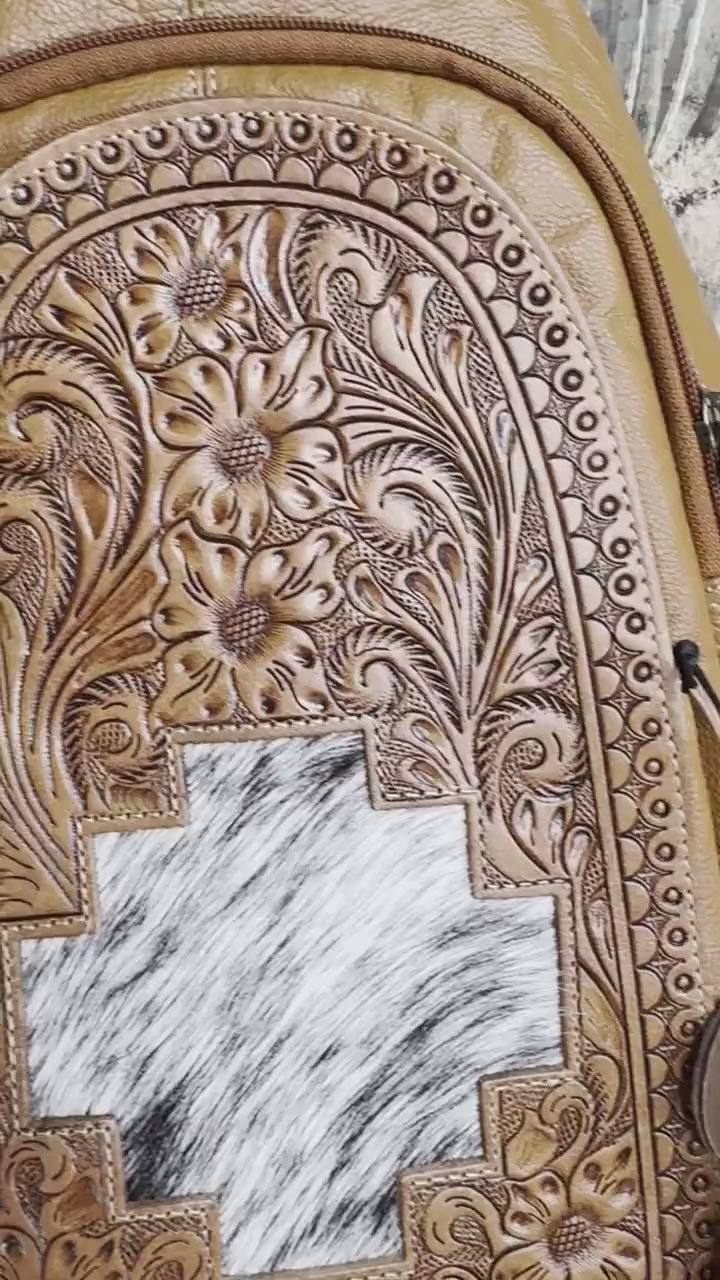 Custom Branded Aztec Cowhide Tooled Leather Sling Bag, Crossbody Bag, Small Purse, Farm Brand, Name, Initials, Personalized Gift