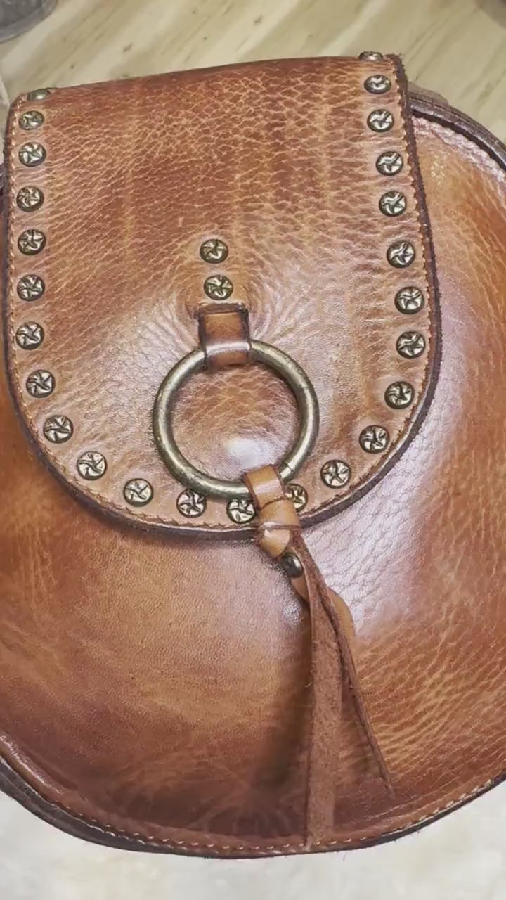 Soft Leather Trendy Round Canteen Purse, Studded Crossbody Purse, Shoulder Bag, Western Style, Personalized with Name Initials or Farm Brand