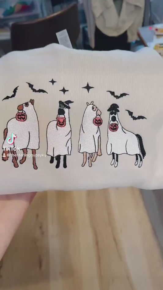HAY BOO Ghost Horse Crewneck Sweatshirt Halloween Horse,  Trick or Treat  Bucket,  Horse Lover, Long Sleeve sweatshirt