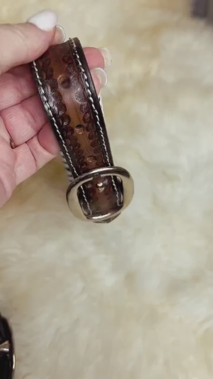 Hand Tooled White whipstitched Daisy Leather Western style Dog Collar