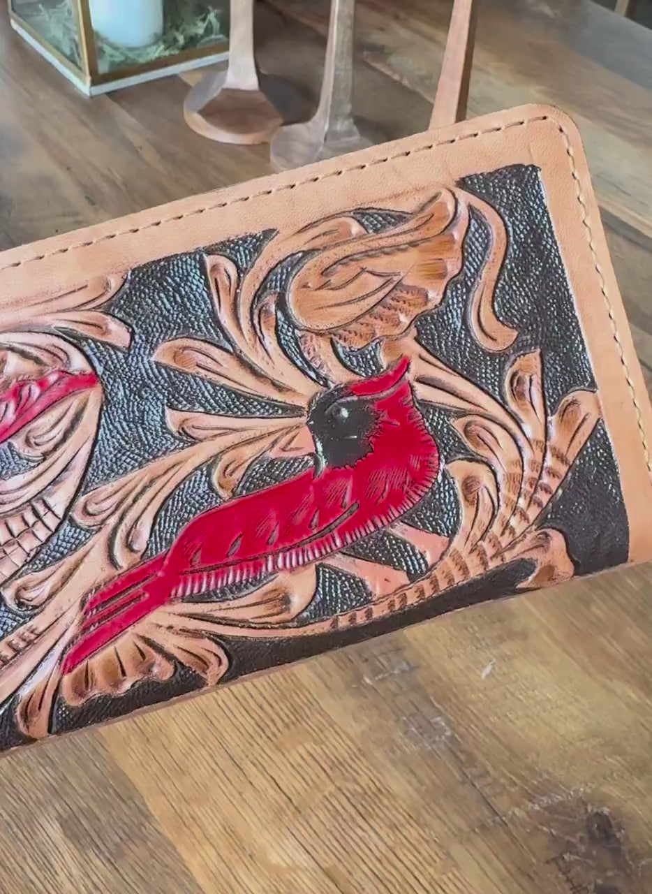 Tooled Leather Checkbook style Wallet with Red Flower & Cardinal, Mens or Women's, Western Wallet, Gifts for Dad, Gifts for Mom Mothers Day