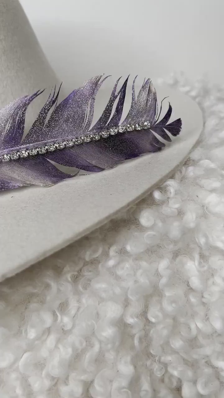 Hand Painted Rhinestone Glitter Shades of Purple Hat Feather Accessory Cowgirl Hat Decoration Hat Pin