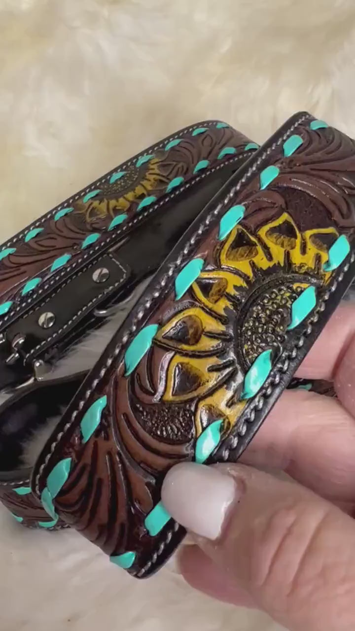 Hand Tooled Turquoise & Sunflower Western style Leather Dog Collar Farm Dog Cattle Dog
