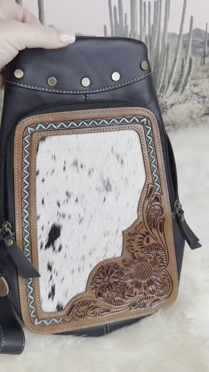 Custom Branded Black and White Cowhide Turquoise Tooled Leather Sling Bag, Crossbody Bag, Farm Brand, Name, Initials, Personalized Gift