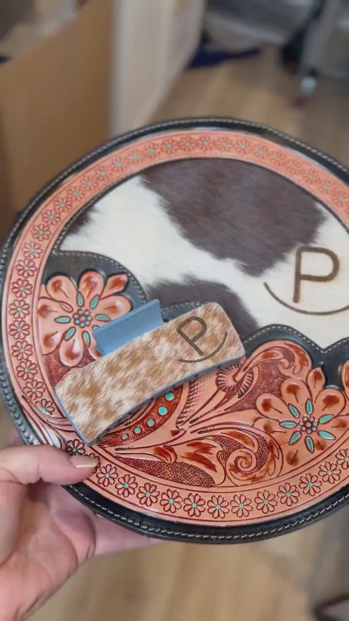 Custom Branded Cowhide & Pink Tooled Leather Western Round Canteen Style Crossbody Purse We add your farm brand, initials or logo!