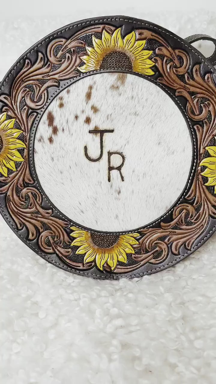 Custom Branded Cowhide tooled Leather Western Sunflower Round Crossbody Purse Initials Monogram Farm or Cow Brand