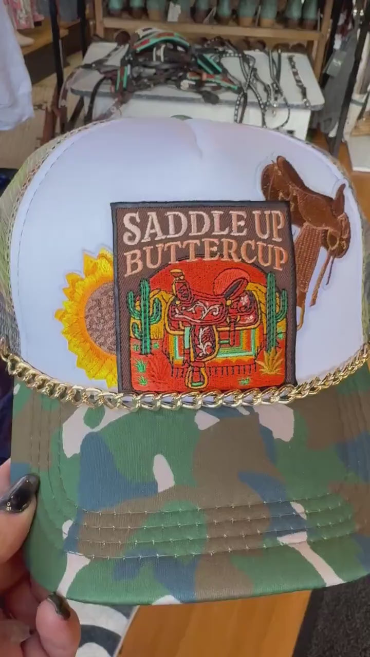 Saddle Up Buttercup Trucker Hat – Western Patch Camo Snapback with Chain Detail
