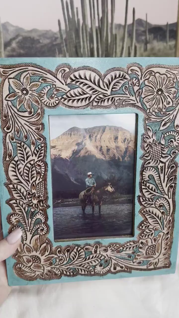 Turquoise Tooled Leather Photo Frame Western Cowgirl Cowboy Wedding, Christmas, Graduation Gift Bridal Shower New Baby Mothers Fathers Day