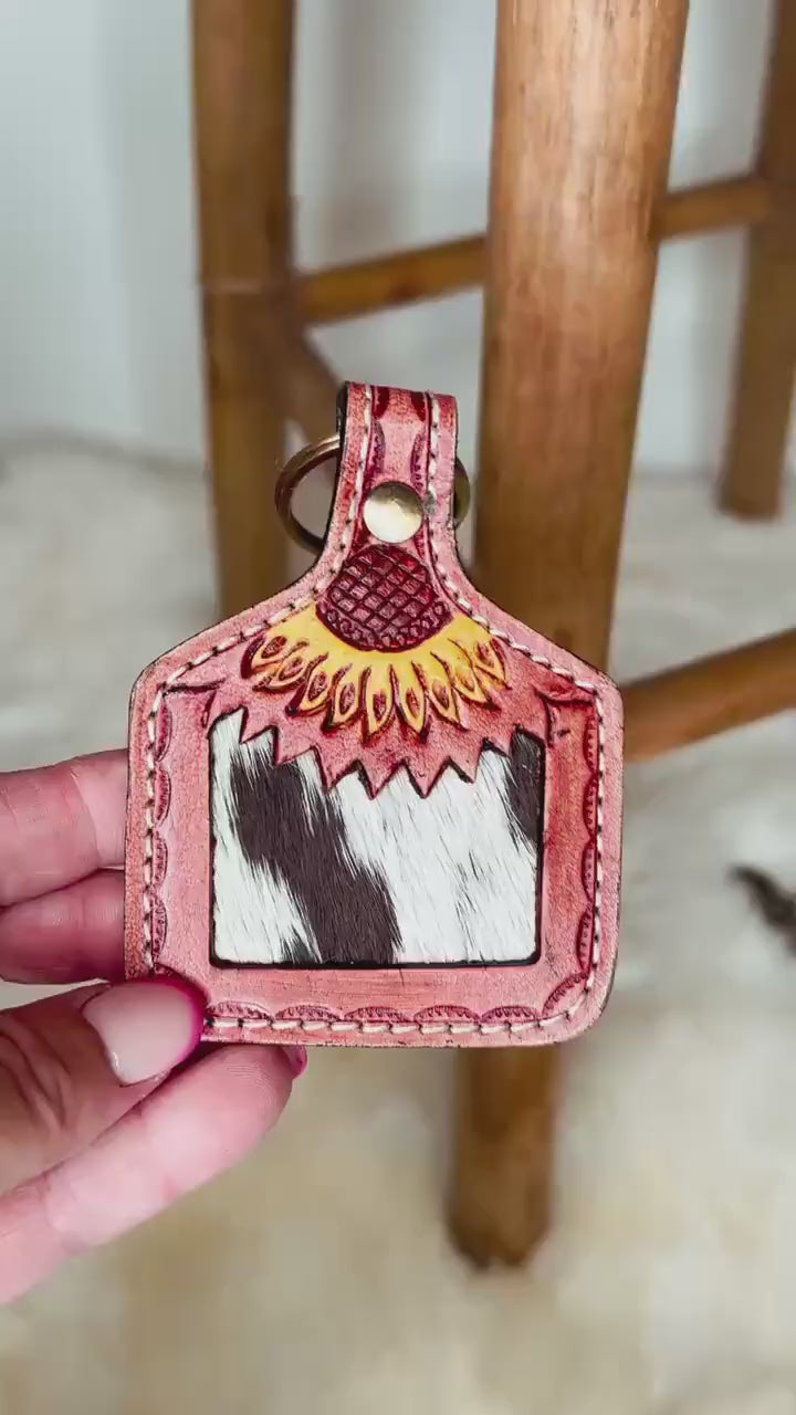 Custom Branded Cowhide Tooled Leather Sunflower Cow Tag Key Chain Key Fob Purse Charm Farm Brand Cow Brand Monogram Initials or Name