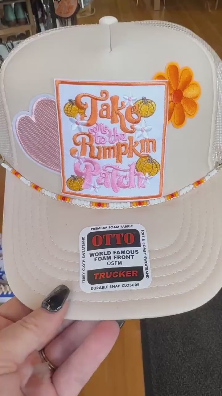 Take Me to the Pumpkin Patch Trucker Hat – Fall Festival Foam Front Snapback Cap with Retro Patch & Beaded Detail