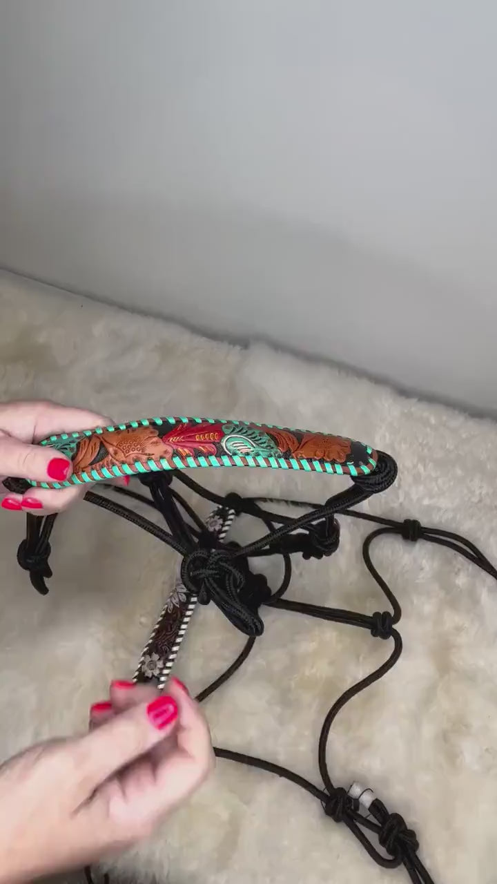 Hand Tooled Leather Adjustable Rope or Shipping Halter Horse Tack Red & Turquoise or White Daisy Pattern