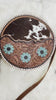 Custom Branded Cowhide Round Crossbody purse tooled leather Turquoise Flowers & White Whipstitch we add your farm cow brand logo initials