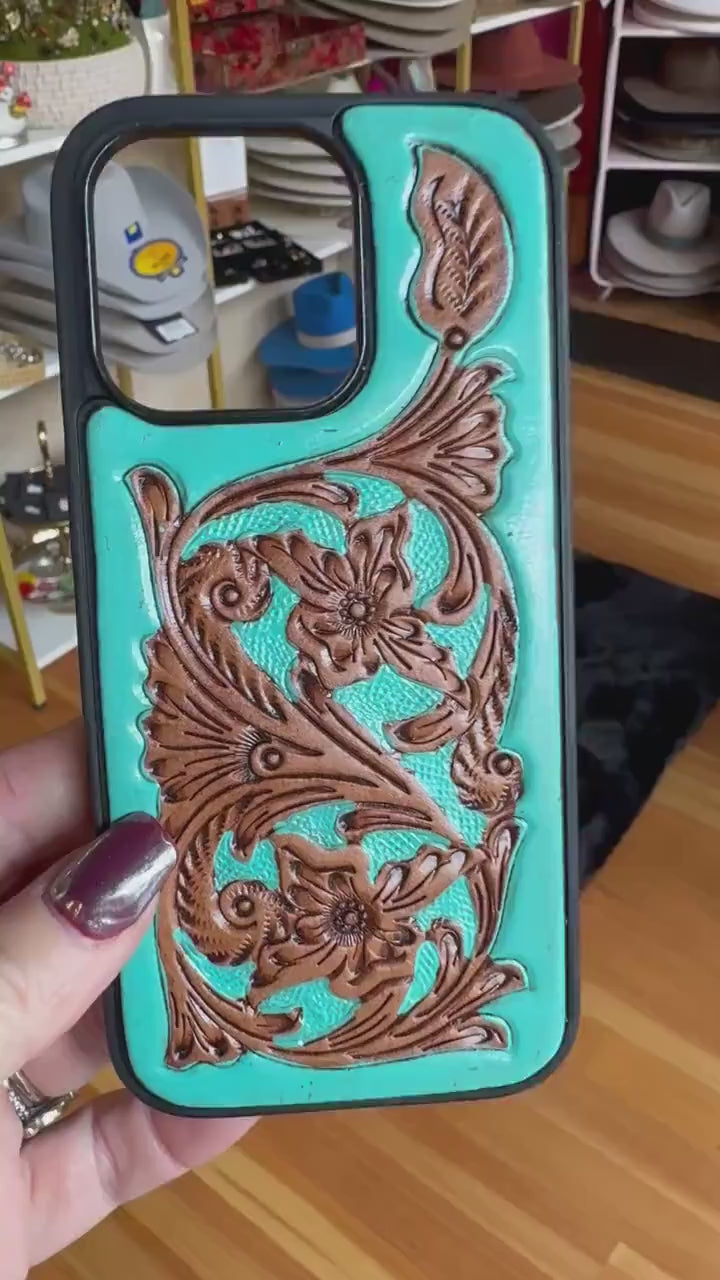 Turquoise Tooled Leather Western iPhone 16 Pro Case