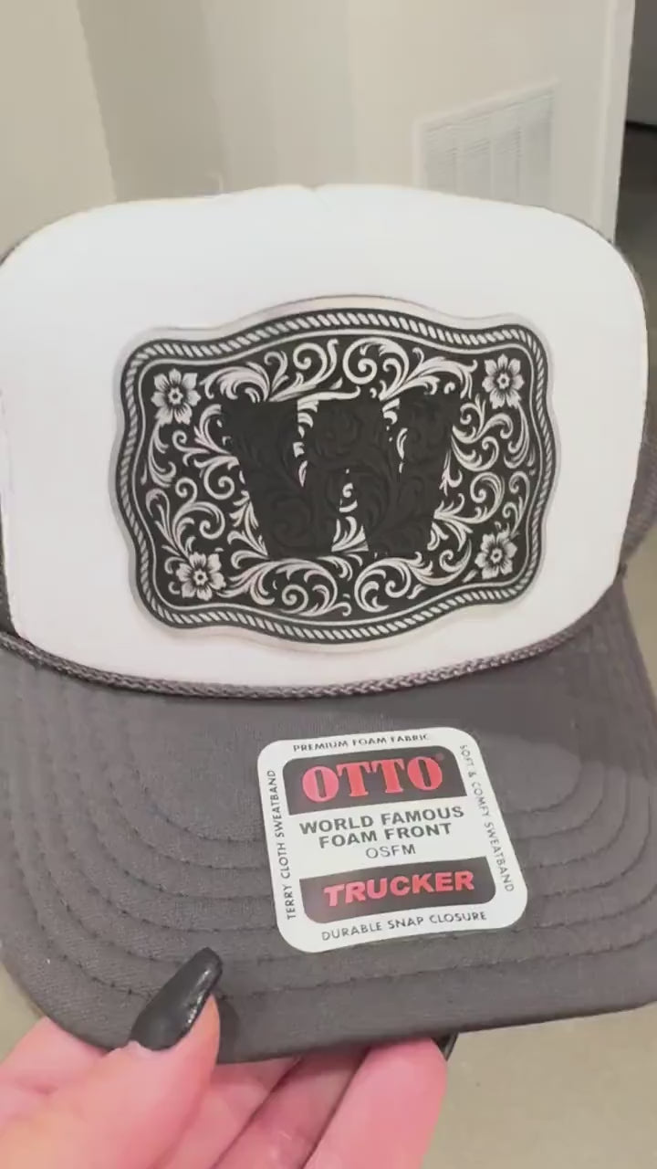 Western Belt Buckle Style Initial Silver Leather Patch