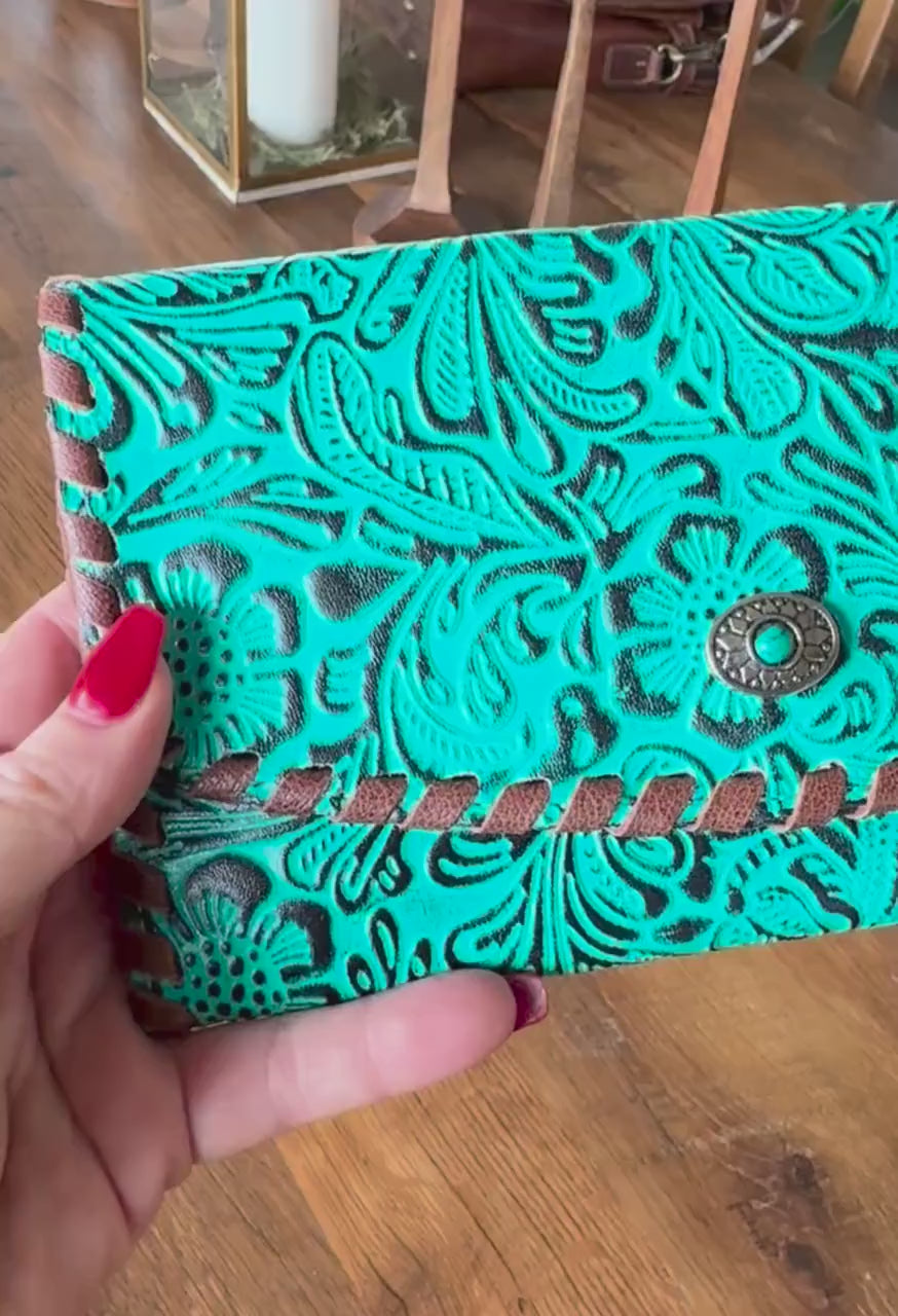 Turquoise Tooled Leather Western Style Wallet Gifts for Her Mothers Day Gift Cowgirl Wallet