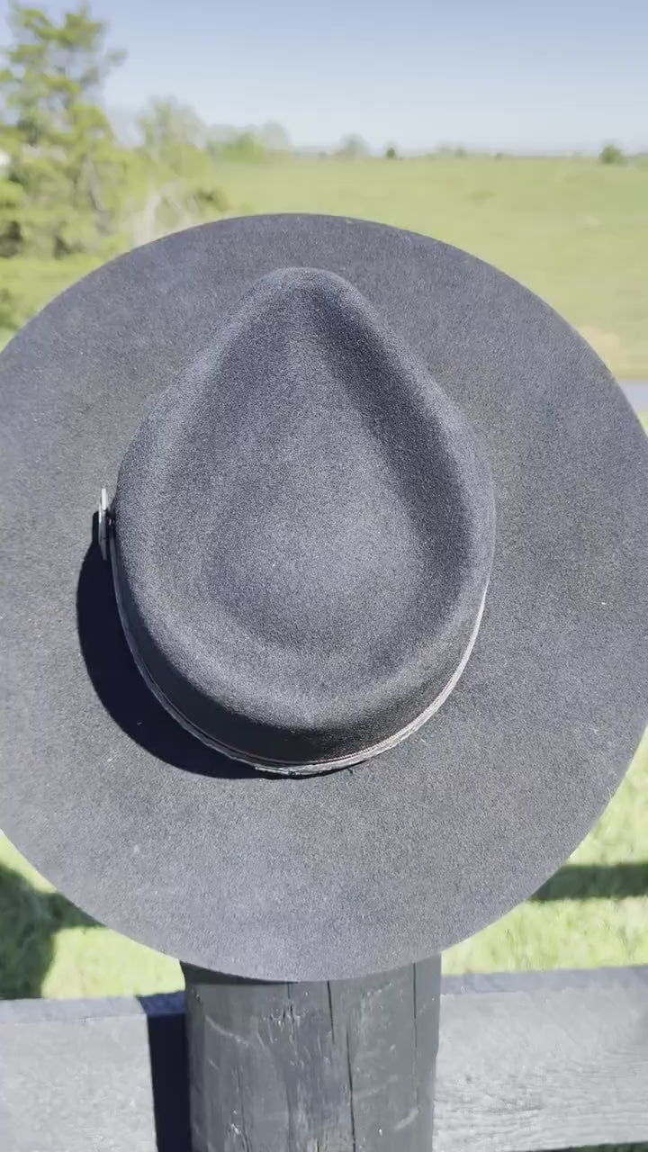 Western Fedora Style shaped Brim  Felt Hat in Black with leather turquoise band, Arrowhead Concho Cowgirl Hat