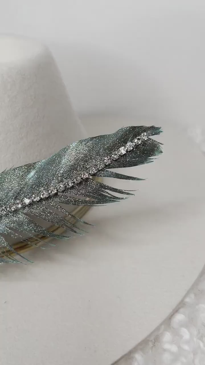 Hand Painted Rhinestone Glitter Turquoise Hat Feather Accessory Cowgirl Hat Decoration