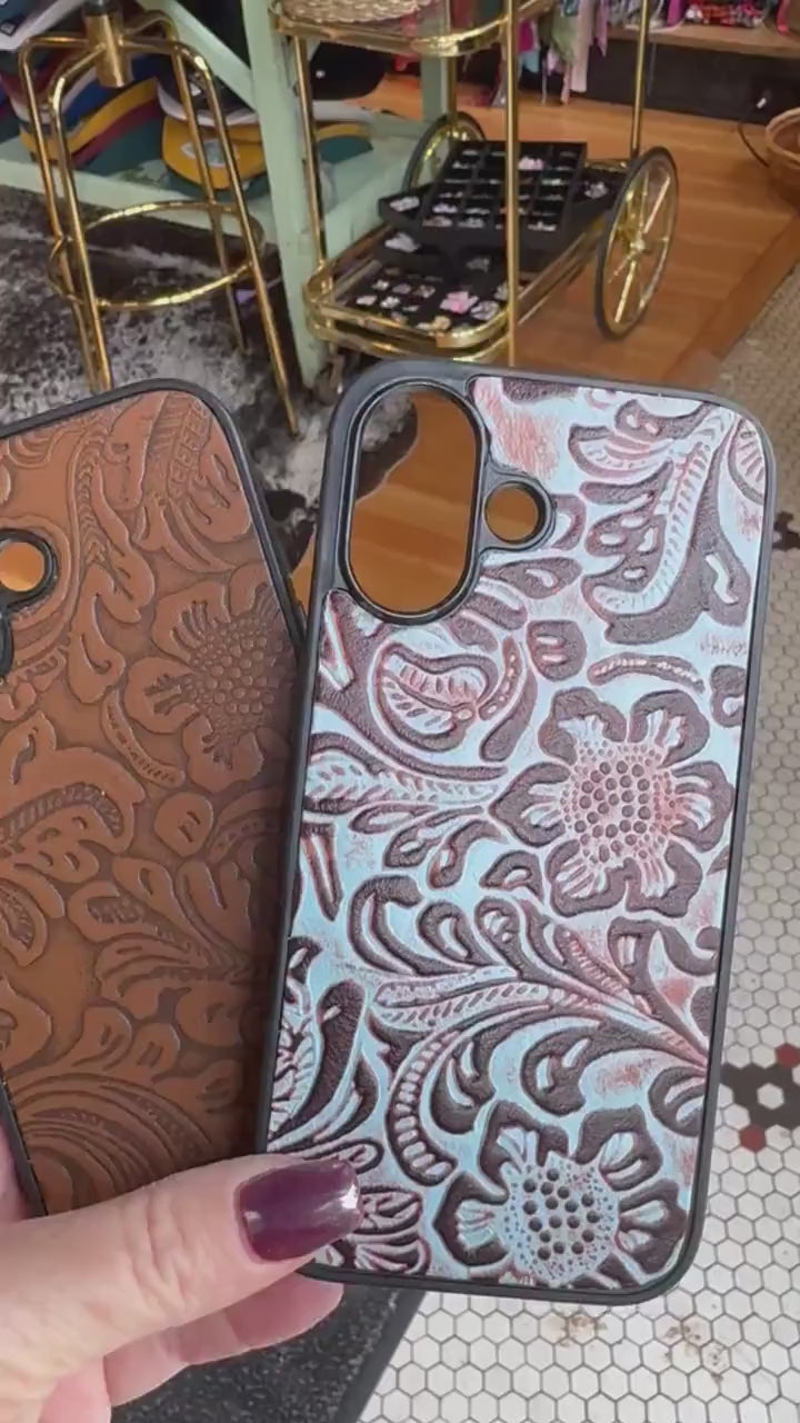 Embossed Leather iPhone 16 Case – Brown or Turquoise