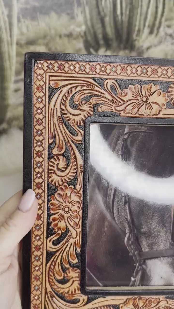 Black Tooled Leather Photo Frame Western Cowgirl Cowboy Wedding, Christmas, Graduation Gift Bridal Shower New Baby Mothers Fathers Day