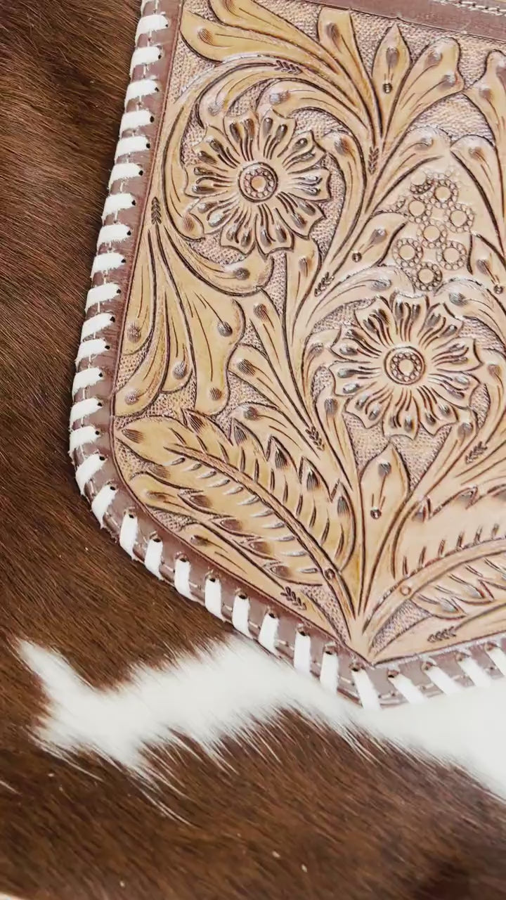 Custom Branded Brown & White Cowhide Tooled Leather Crossbody Purse with fringe we add your Initials Monogram name Farm or Cow Brand