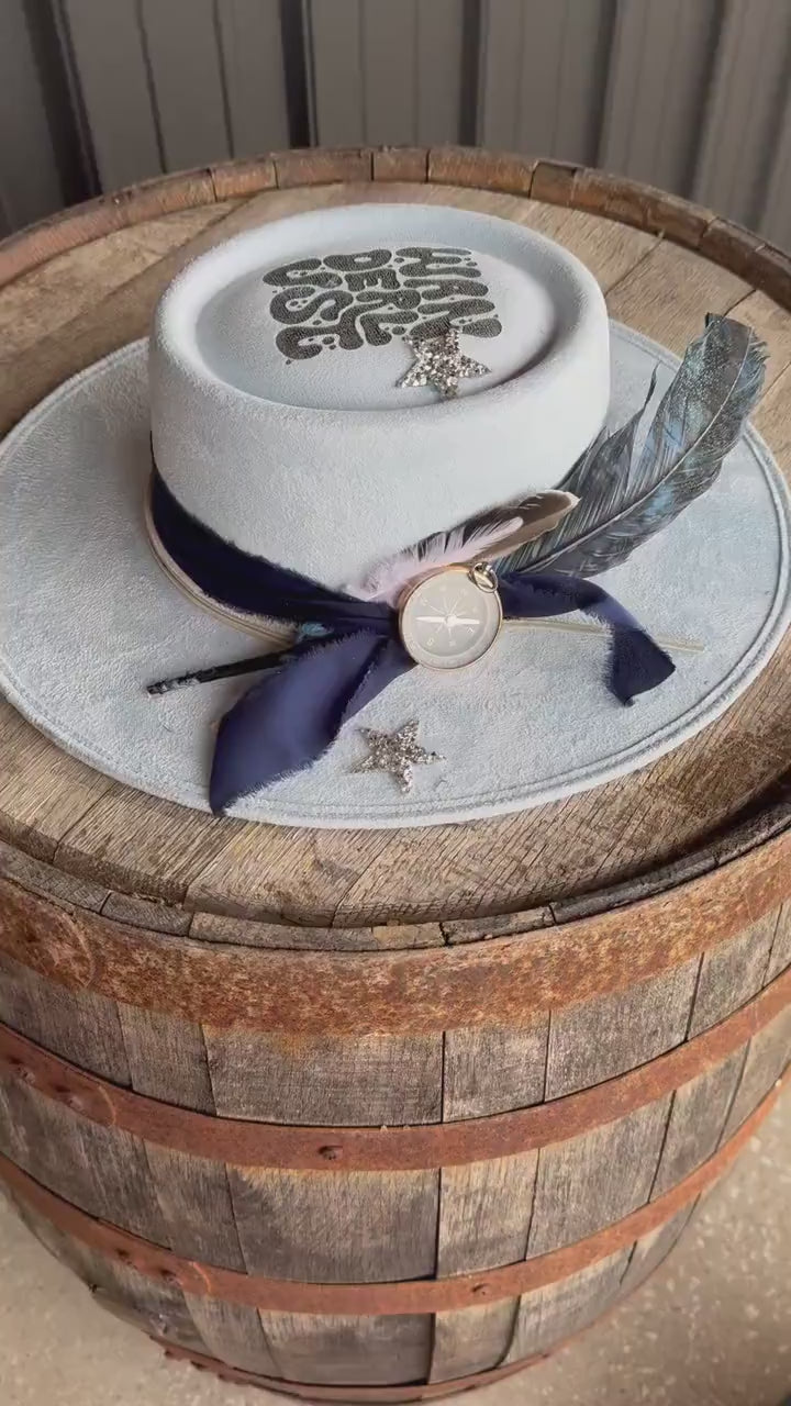 Baby Blue Suede *Wanderlust* Round Crown Decorated Cowgirl Hat, Compass, Burned, Blue & Natural Feathers, Western Boho Hat