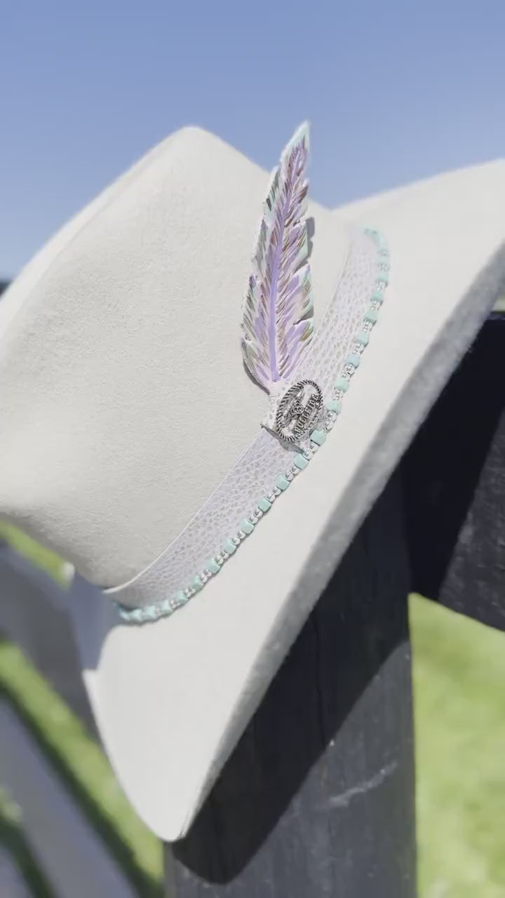Western Fedora style Premium Wool Hat in Lavender/Purple with Turquoise & Silver Bead and Leather Hat Band Painted Leather Feather Cowgirl
