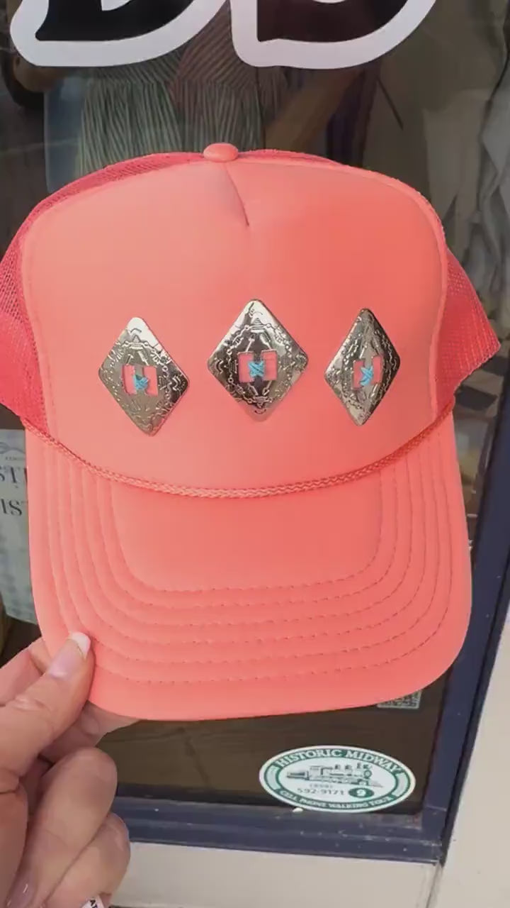 Coral Western Concho Trucker Hat | Hand Sewn Turquoise Stitch Cowgirl Hat